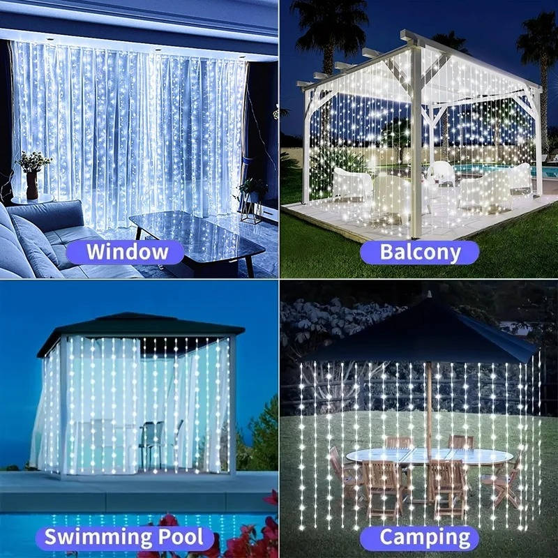 Solar LED Curtain Lights, Outdoor Waterproof Fairy String Lights for Garden Patio