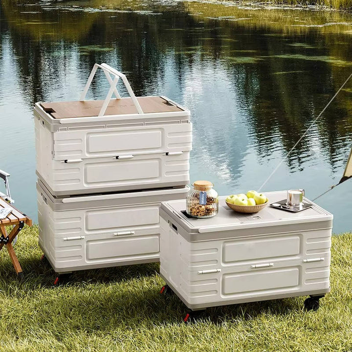 Portable Collapsible Outdoor Storage Box for Camping, Picnic and Garden, Foldable Rolling Cart with 360° Wheels and Wood Lid