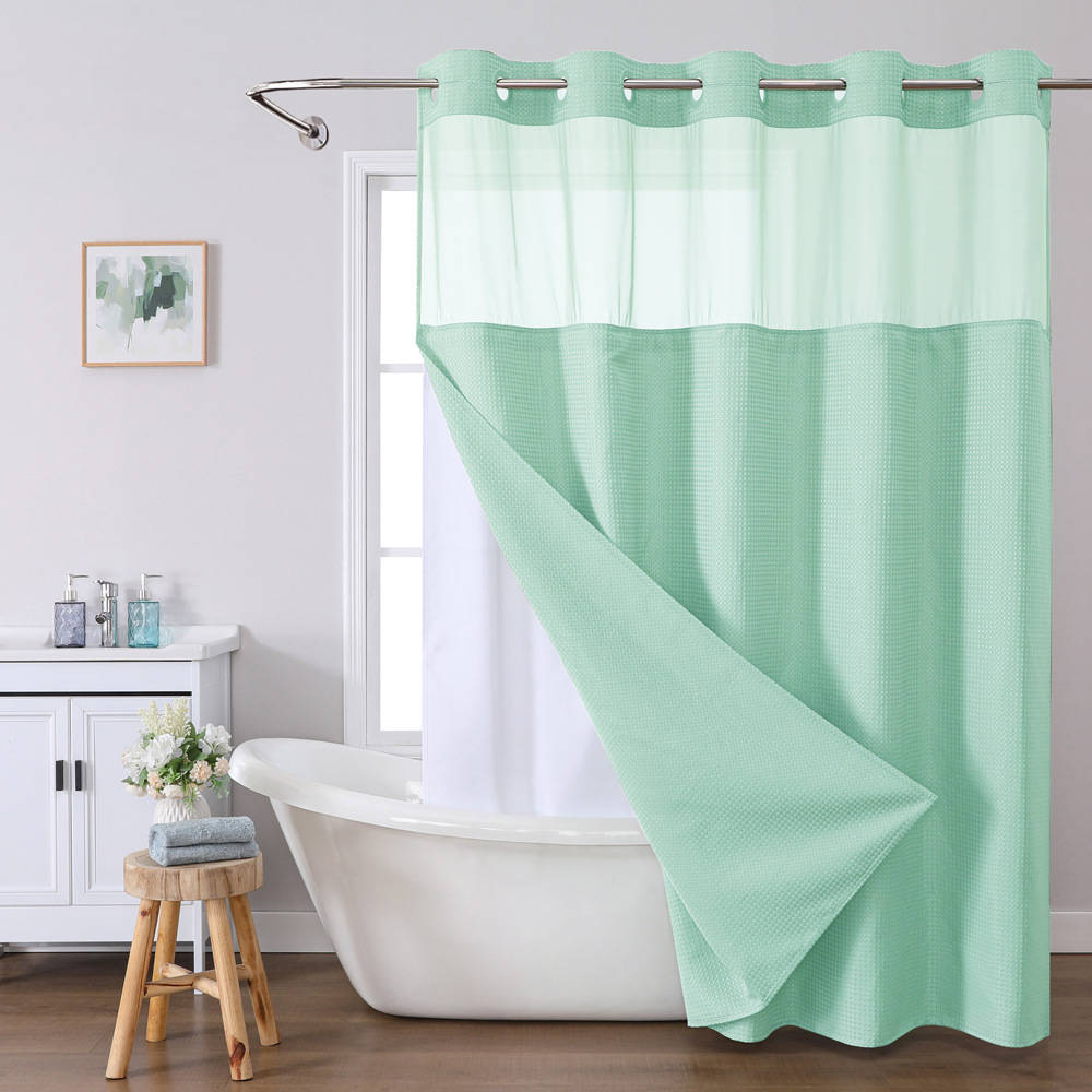 No Hooks Polyester Shower Curtain with Snap In Fabric Liner
