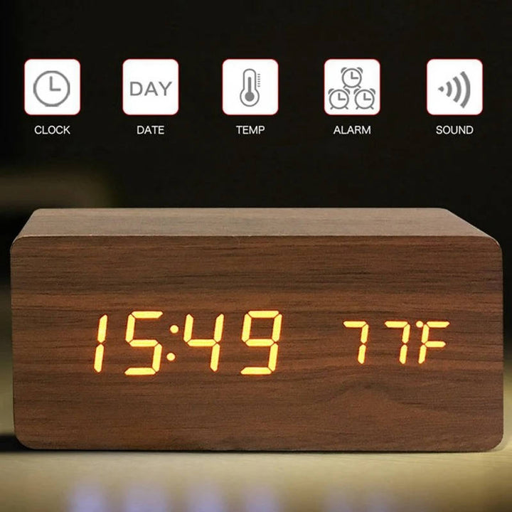 Wooden Digital Alarm Clock with Sound Control and Digital Display