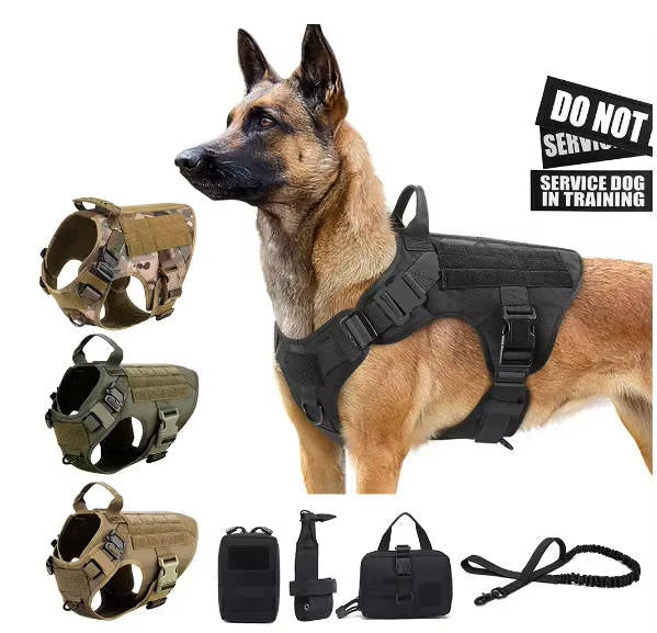 Tactical Military Dog Vest Harness Set with Collar and Leash, Adjustable Training and Hunting Vest for Medium and Large Breeds