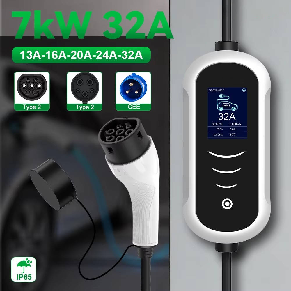 Portable EV Charger 7kW 32A Type 2, Electric Car Charging Station Fast Charging Cable for Home Travel