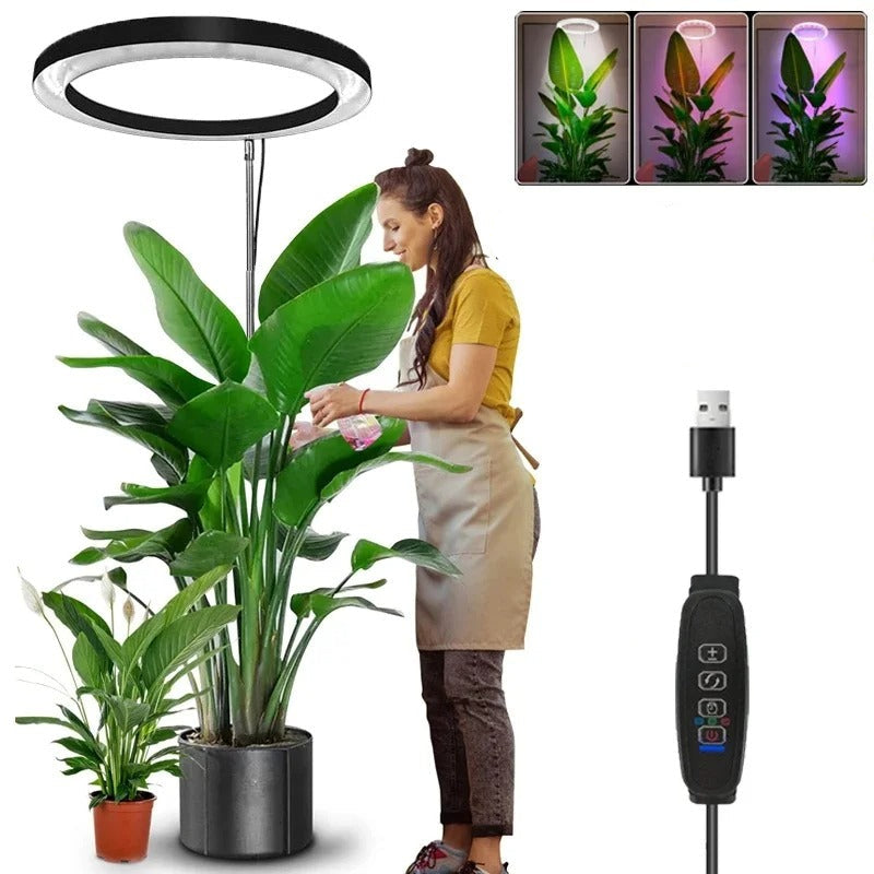 Full Spectrum LED Ring Light with Telescoping Stand and Adjustable Brightness for Indoor Plants