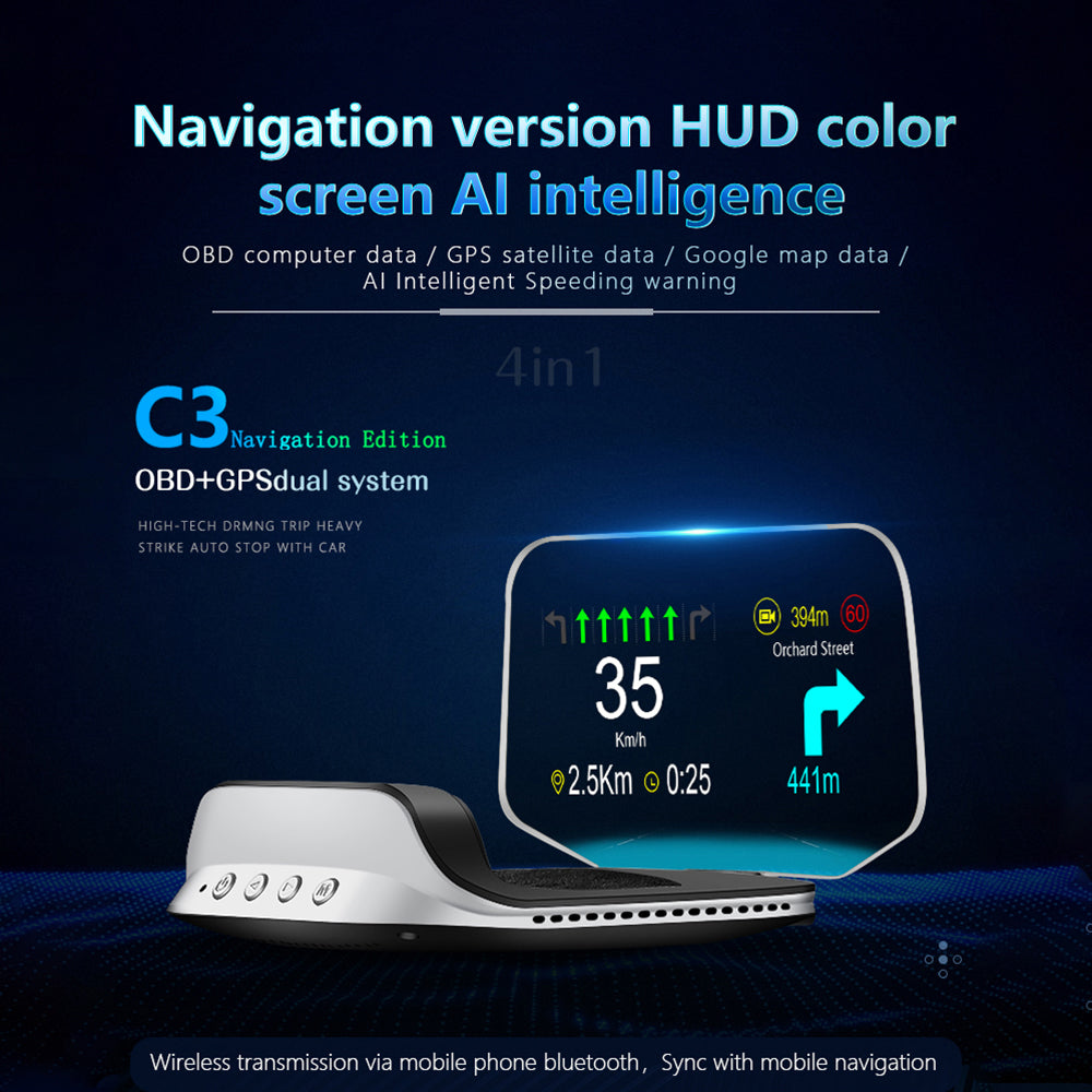 Head Up Display with GPS Navigation and Speed Monitoring, Auto Brightness