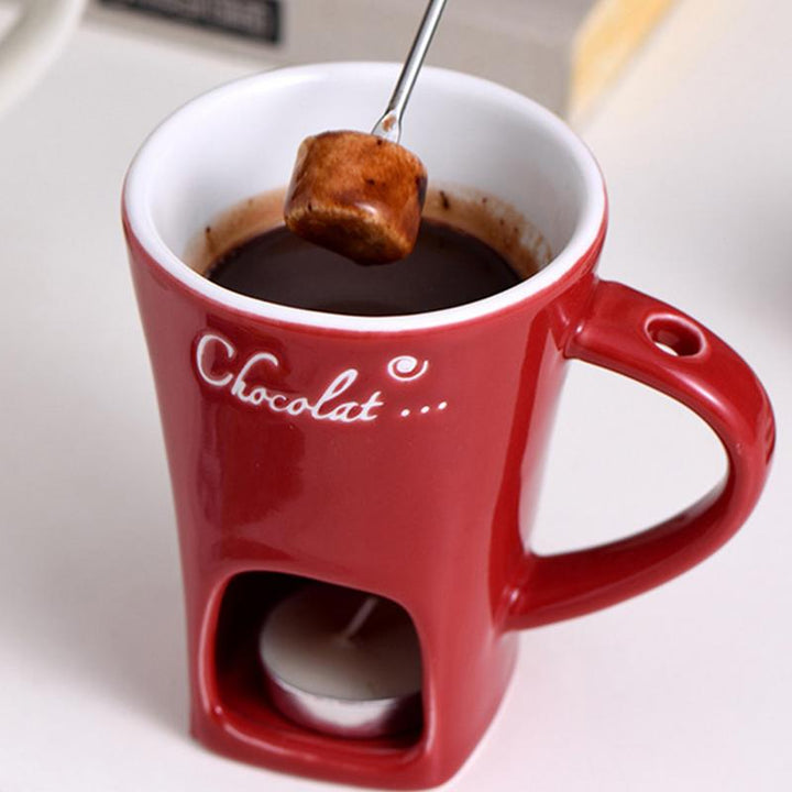Ceramic Fondue Cup with Candle Base and Stainless Steel Fork
