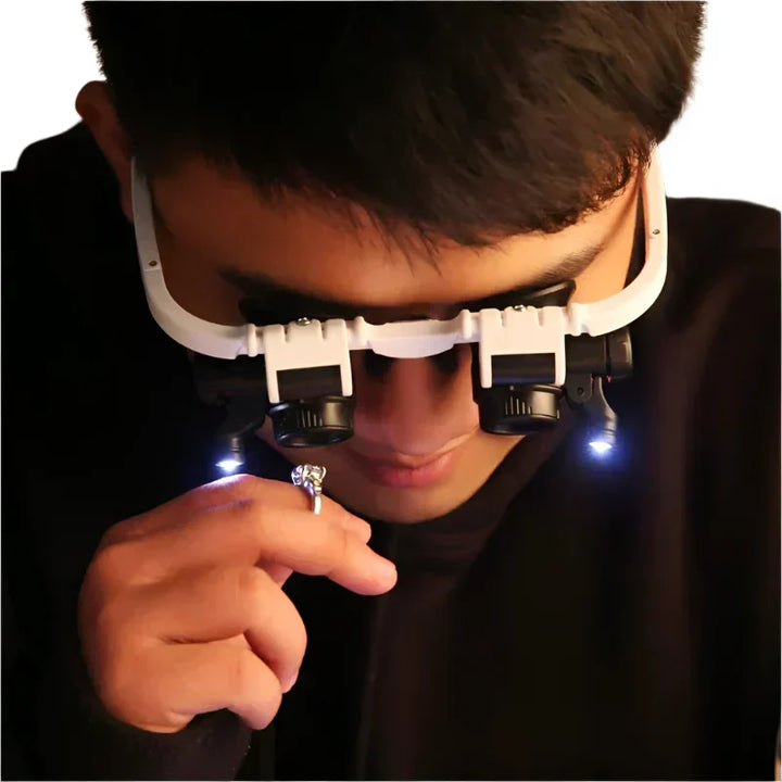 LED Magnifier Headset with Interchangeable 8x 15x 23x Lenses and Dual Pivoting Lights