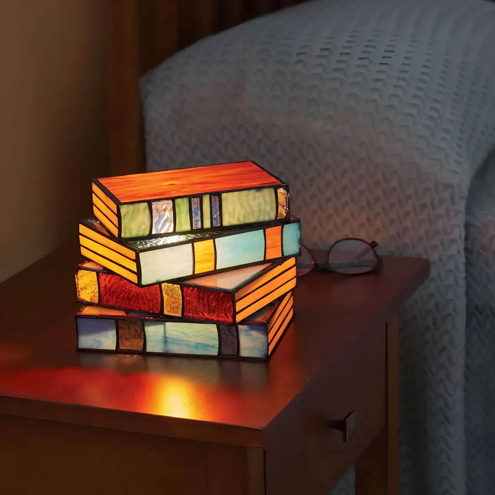 Stained Glass Table Lamp with Book-Shaped Design and Textured Light Diffusion