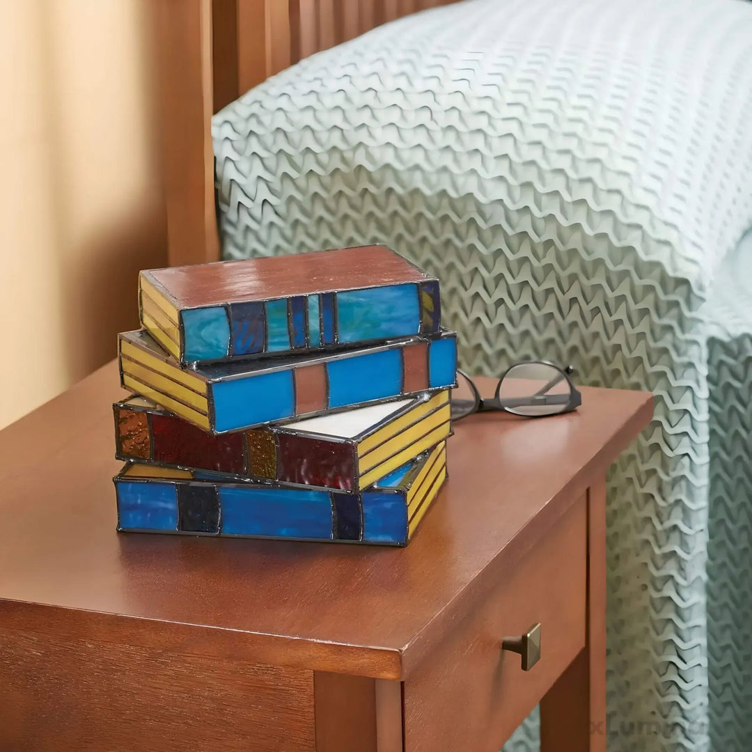 Stained Glass Table Lamp with Book-Shaped Design and Textured Light Diffusion