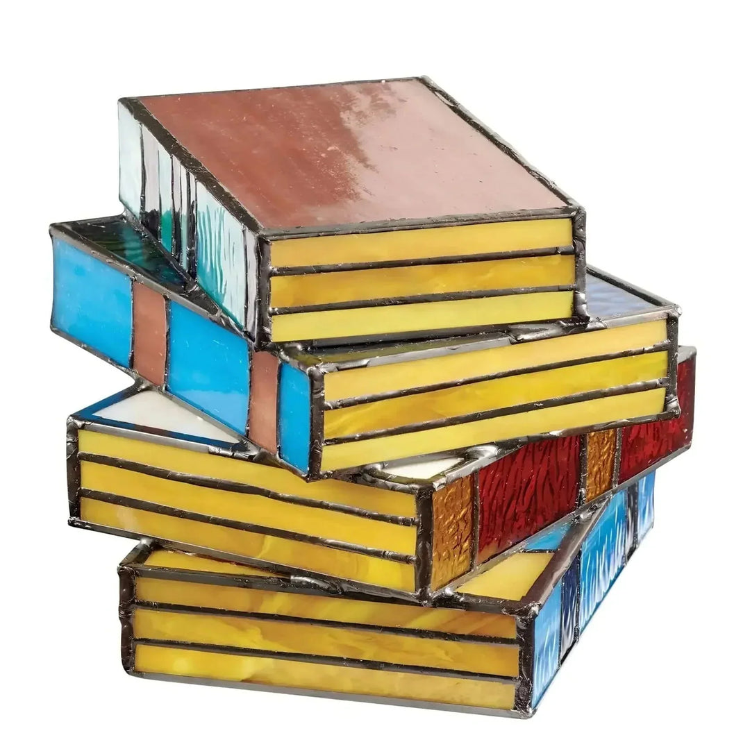 Stained Glass Table Lamp with Book-Shaped Design and Textured Light Diffusion