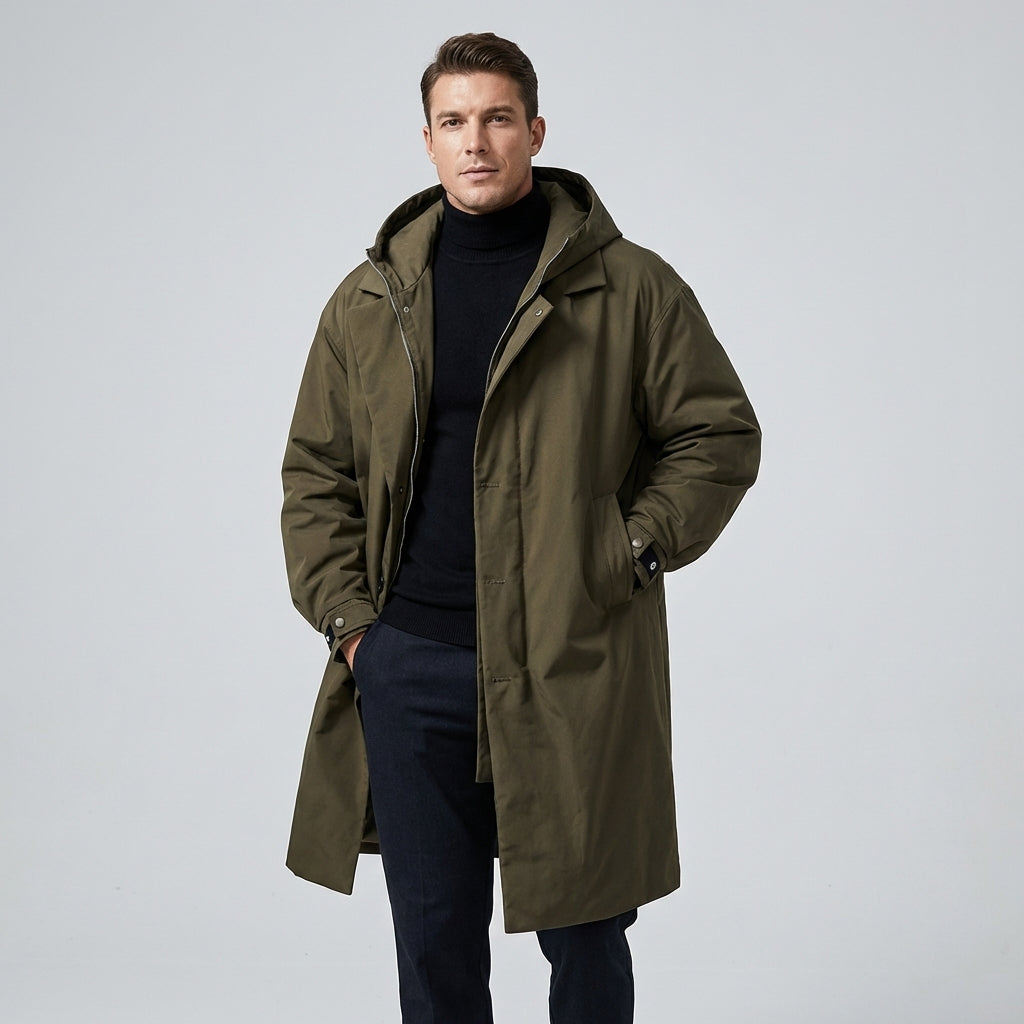 Mens Raincoat with Breathable Fabric and Stowable Hood, Storm Flap Zipper