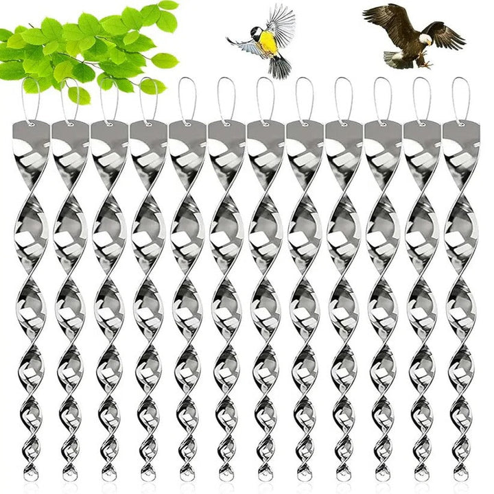Reflective Spiral Rod Bird Deterrent with Wind-Powered Rotation and Silver Finish