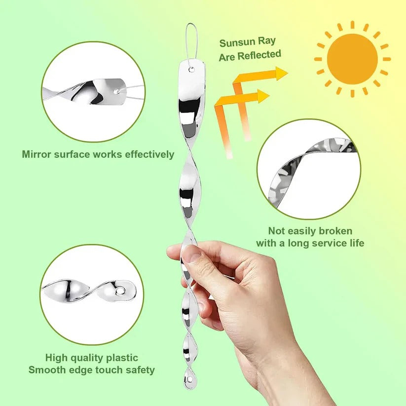 Reflective Spiral Rod Bird Deterrent with Wind-Powered Rotation and Silver Finish