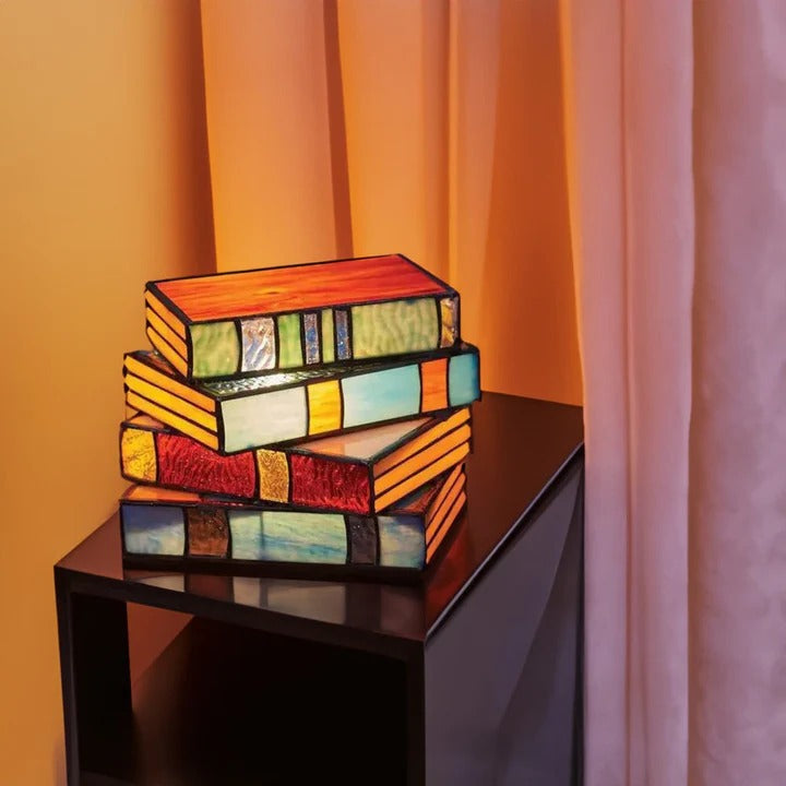 Stained Glass Stacked Book Lamp, Vintage Home Accent