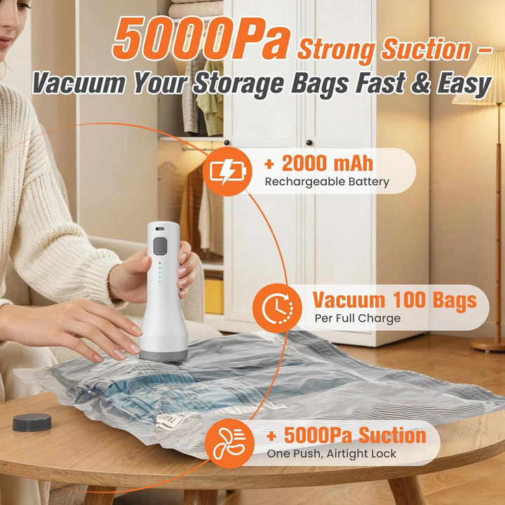 Vacuum Storage Bags with Wireless Pump, 15-Piece Set for Clothing and Bedding