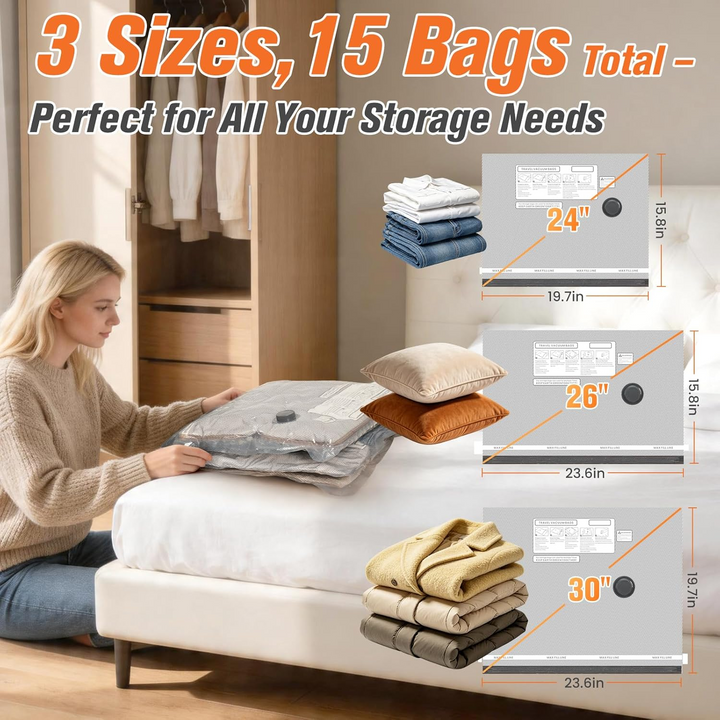 Vacuum Storage Bags with Wireless Pump, 15-Piece Set for Clothing and Bedding