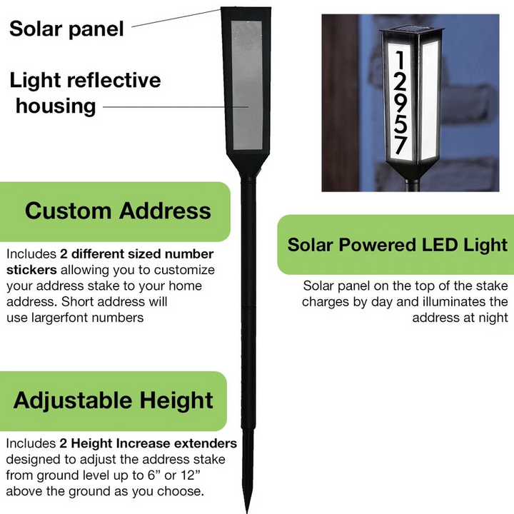 Illuminated House Number Stake with Solar Power and Adjustable Height Spacers