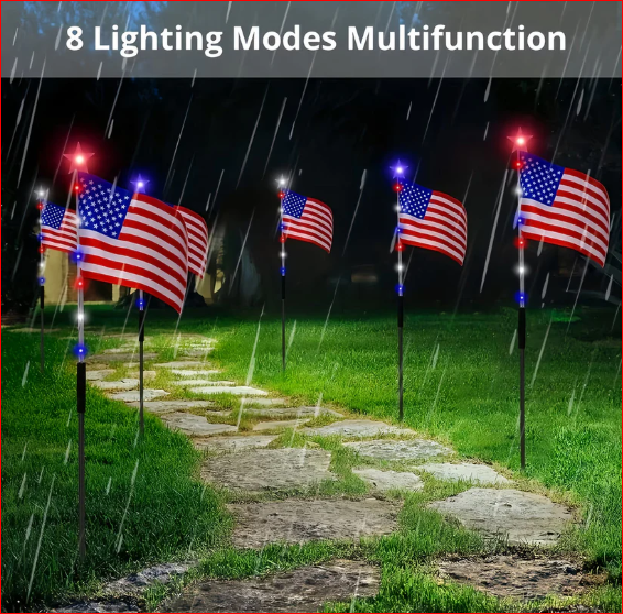 Solar Flag Lights with Red White Blue LEDs and 8 Display Modes, 8-Pack for Pathways