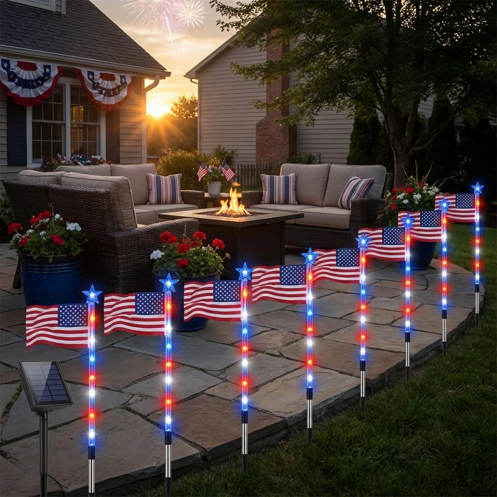 Solar Flag Lights with Red White Blue LEDs and 8 Display Modes, 8-Pack for Pathways