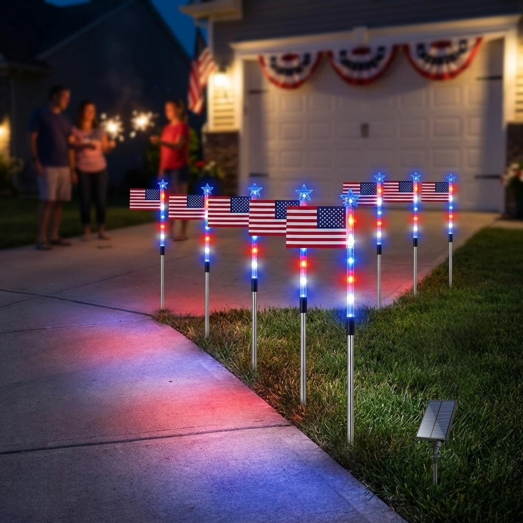 Solar Flag Lights with Red White Blue LEDs and 8 Display Modes, 8-Pack for Pathways