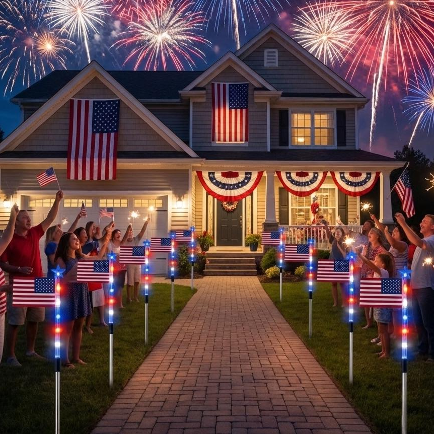 Solar Flag Lights with Red White Blue LEDs and 8 Display Modes, 8-Pack for Pathways