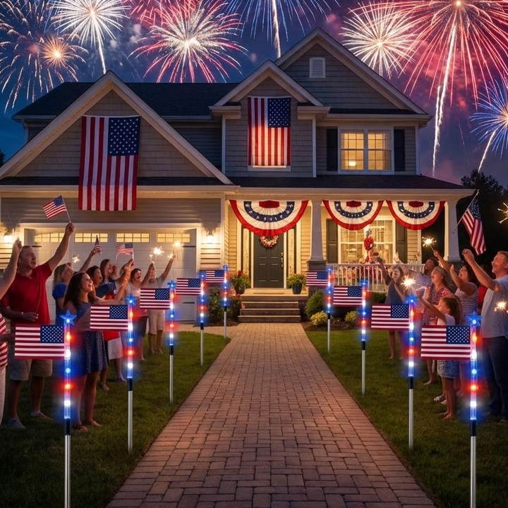 Solar Flag Lights with Red White Blue LEDs and 8 Display Modes, 8-Pack for Pathways