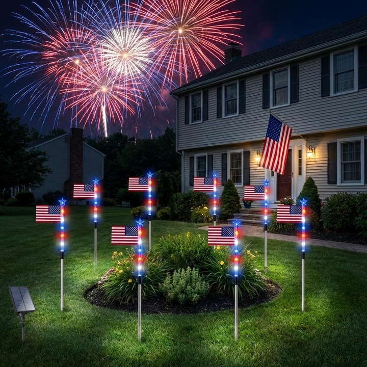 Solar Flag Lights with Red White Blue LEDs and 8 Display Modes, 8-Pack for Pathways