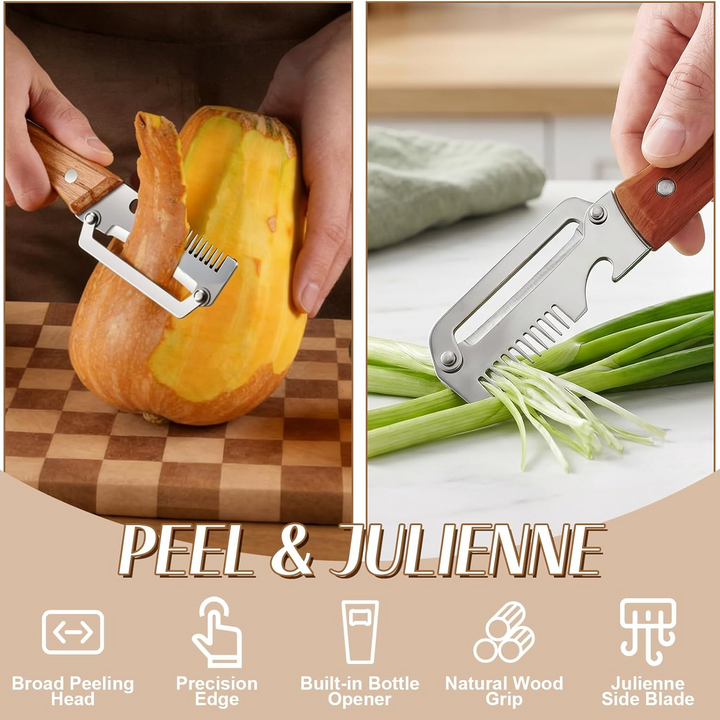 Root Vegetable Peeler with Wide Blade, Julienne Edge and Wooden Handle