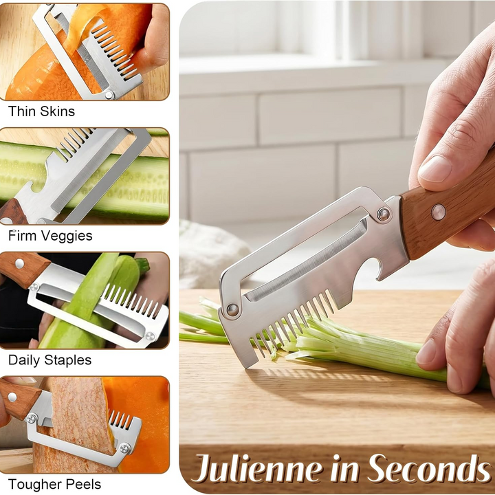 Root Vegetable Peeler with Wide Blade, Julienne Edge and Wooden Handle