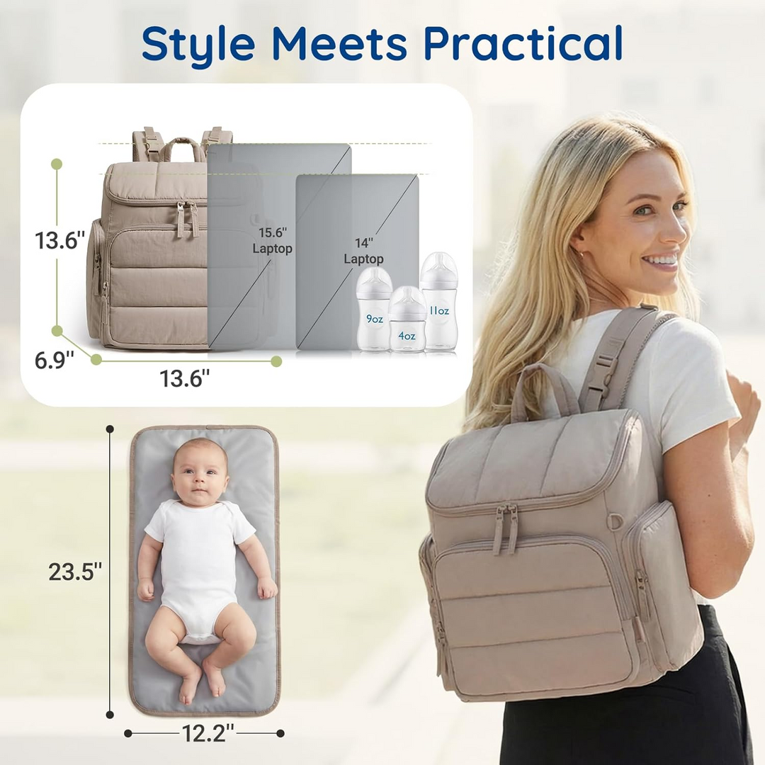 Diaper Backpack with Insulated Bottle Pockets and Stroller Attachment Loops