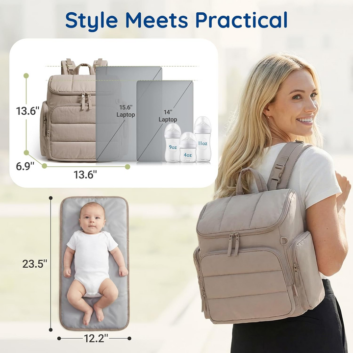 Diaper Backpack with Insulated Bottle Pockets and Stroller Attachment Loops