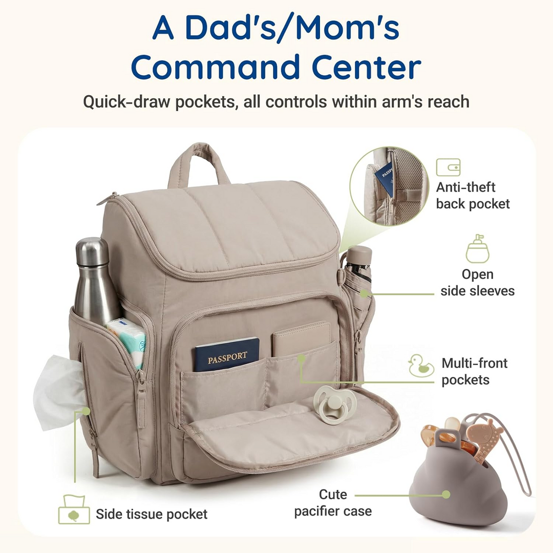 Diaper Backpack with Insulated Bottle Pockets and Stroller Attachment Loops