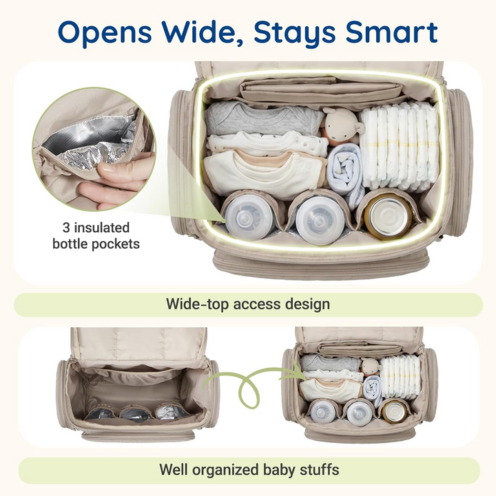 Diaper Backpack with Insulated Bottle Pockets and Stroller Attachment Loops