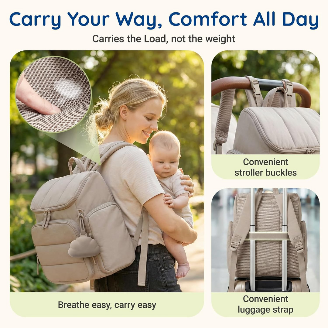 Diaper Backpack with Insulated Bottle Pockets and Stroller Attachment Loops