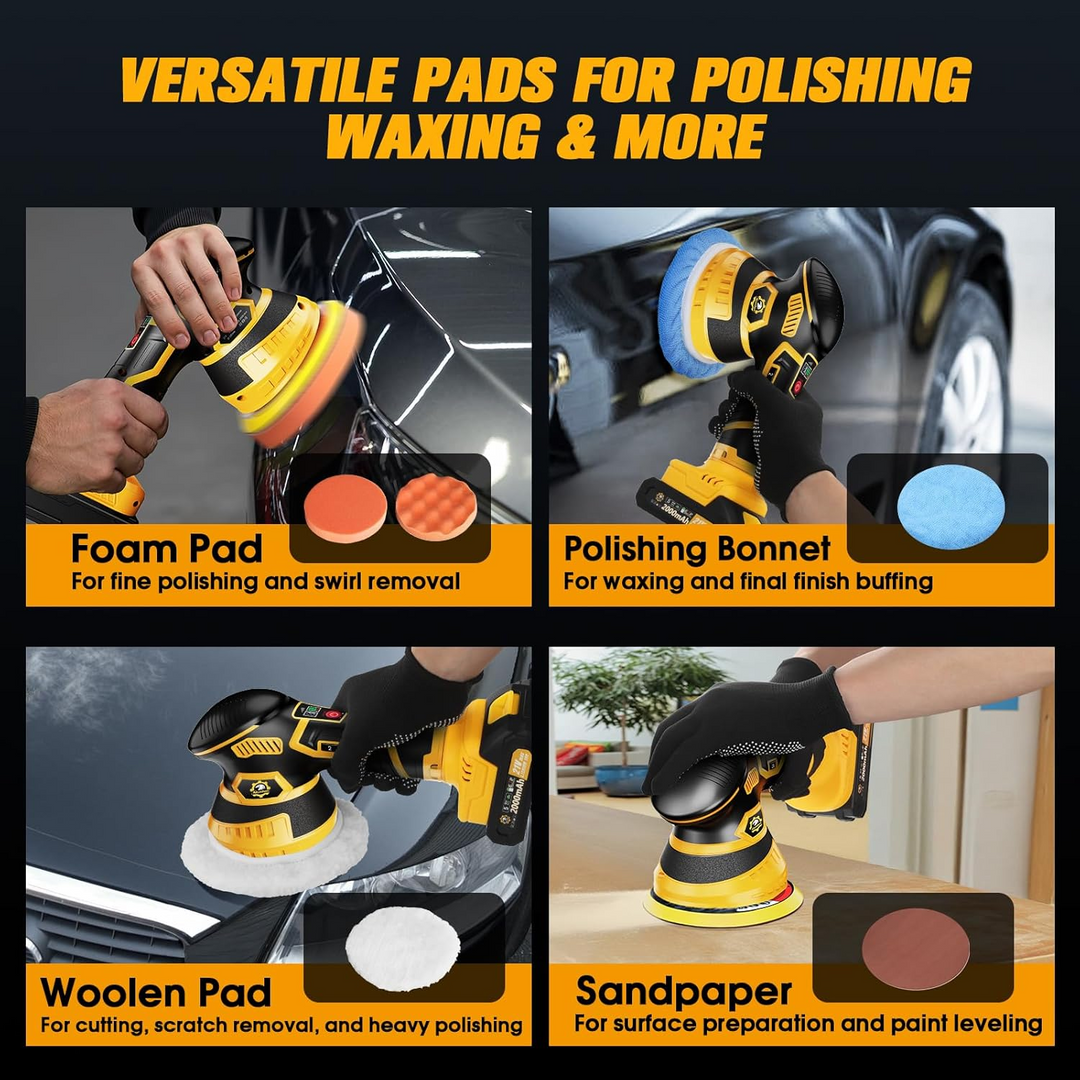 Cordless Orbital Buffer Polisher with Variable Speed and Multiple Foam Pads