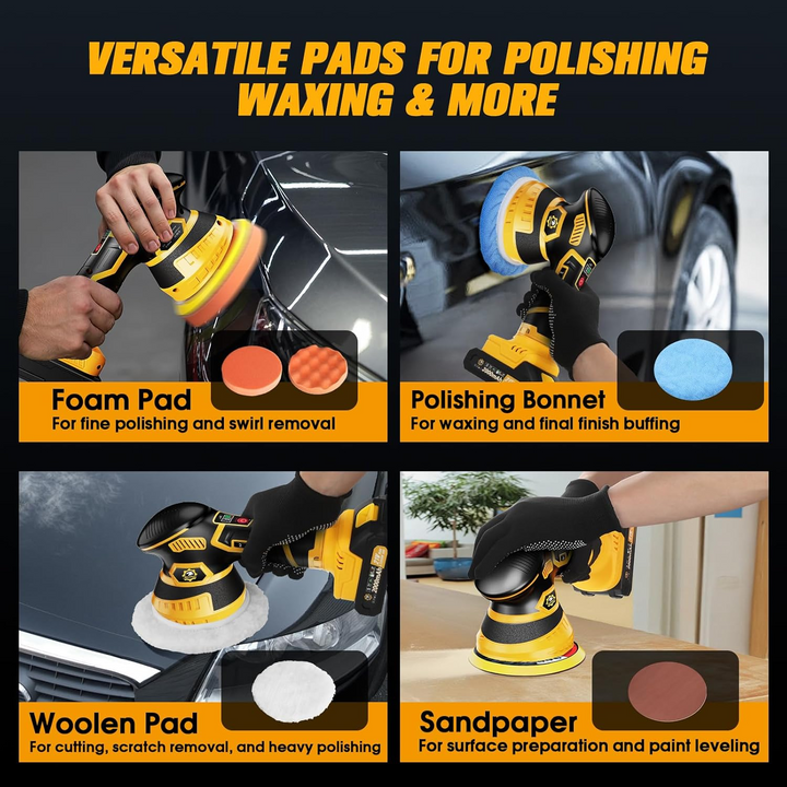 Cordless Orbital Buffer Polisher with Variable Speed and Multiple Foam Pads