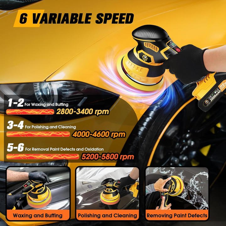 Cordless Orbital Buffer Polisher with Variable Speed and Multiple Foam Pads