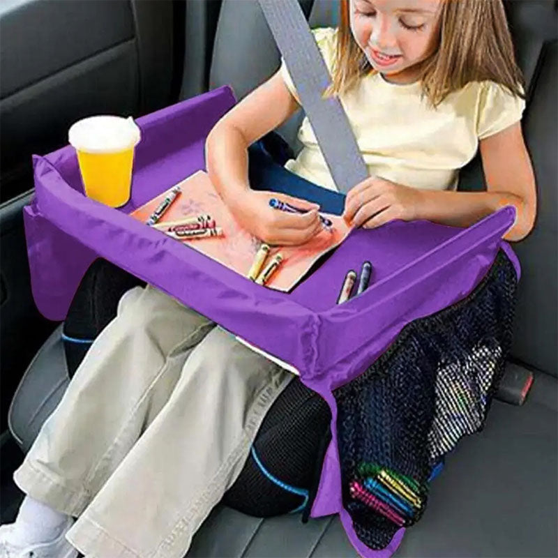 Car Seat Tray with Molded Cup Holder and Mesh Storage Pocket, Folds Flat