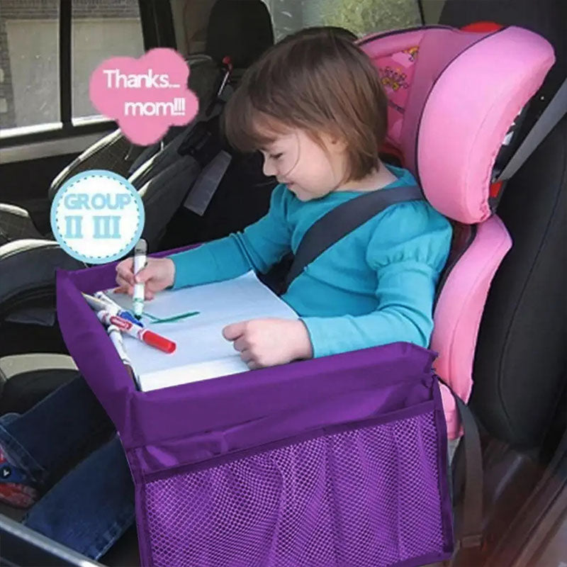 Car Seat Tray with Molded Cup Holder and Mesh Storage Pocket, Folds Flat