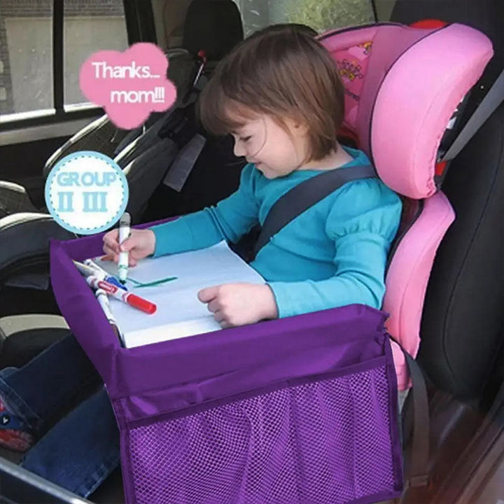 Car Seat Tray with Molded Cup Holder and Mesh Storage Pocket, Folds Flat