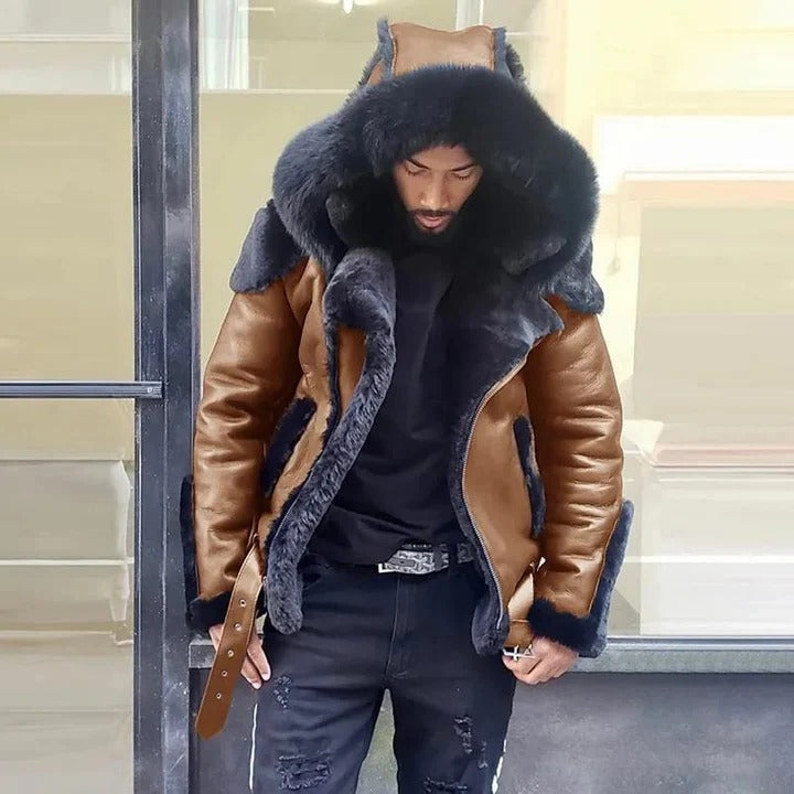 Men’s PU Jacket with Hood for Cold-Weather Use