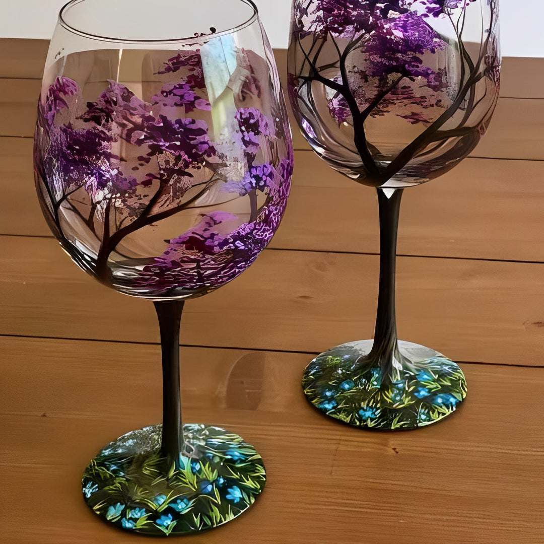 Art Wine Glasses Hand Painted Four Seasons of Tree Design