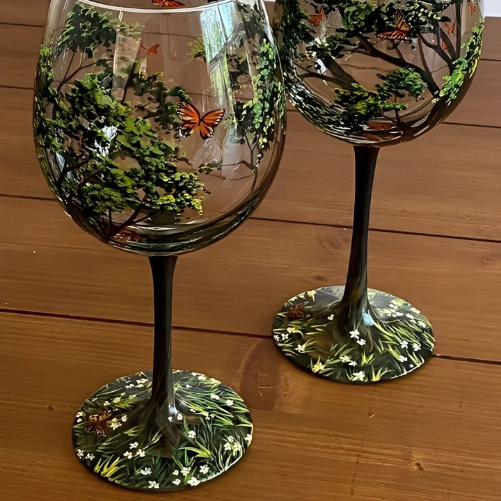 Art Wine Glasses Hand Painted Four Seasons of Tree Design