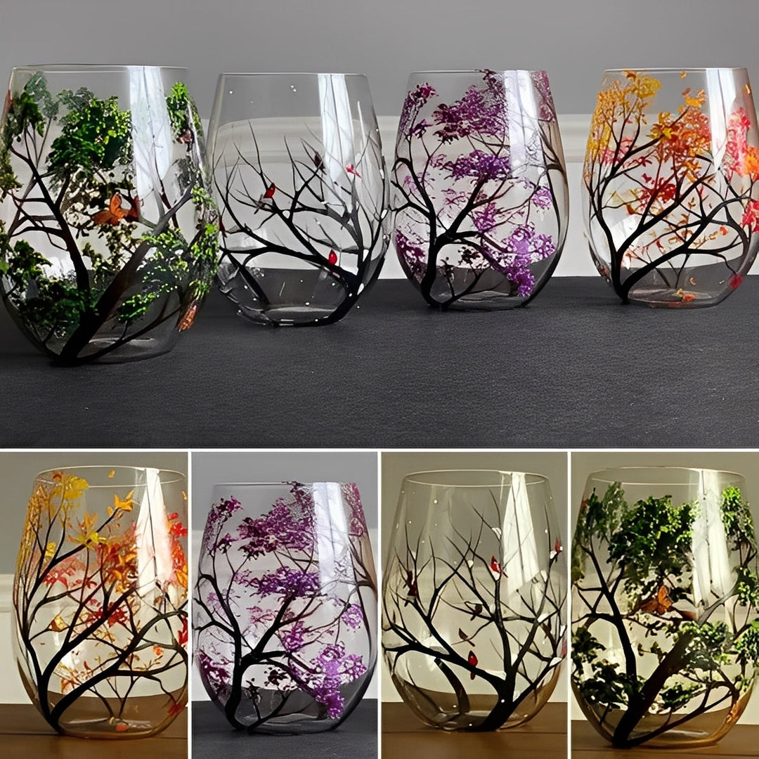 Art Wine Glasses Hand Painted Four Seasons of Tree Design