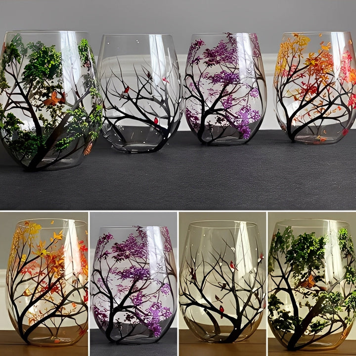 Art Wine Glasses Hand Painted Four Seasons of Tree Design
