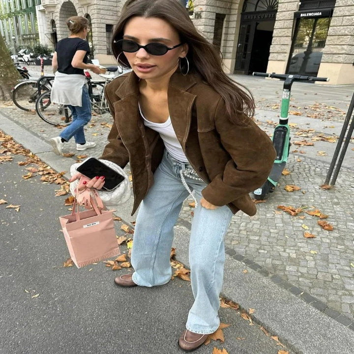 Womens Brown Suede Jacket with Zipper and Pockets
