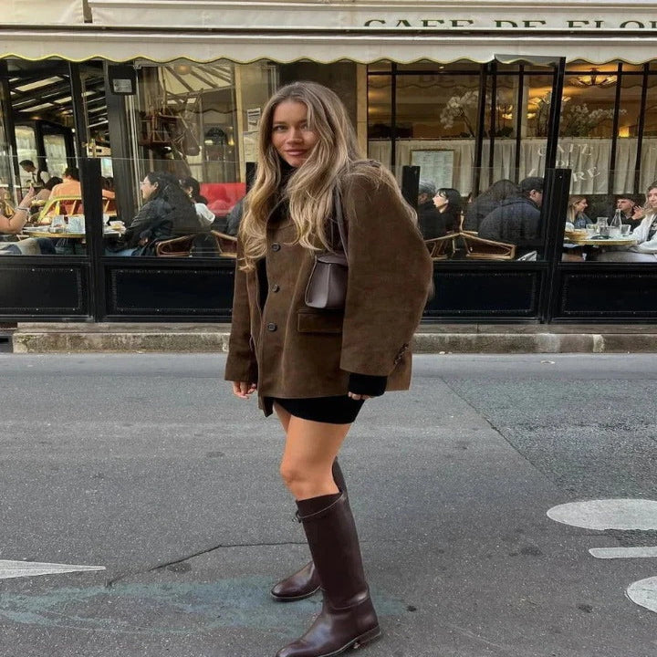 Womens Brown Suede Jacket with Zipper and Pockets