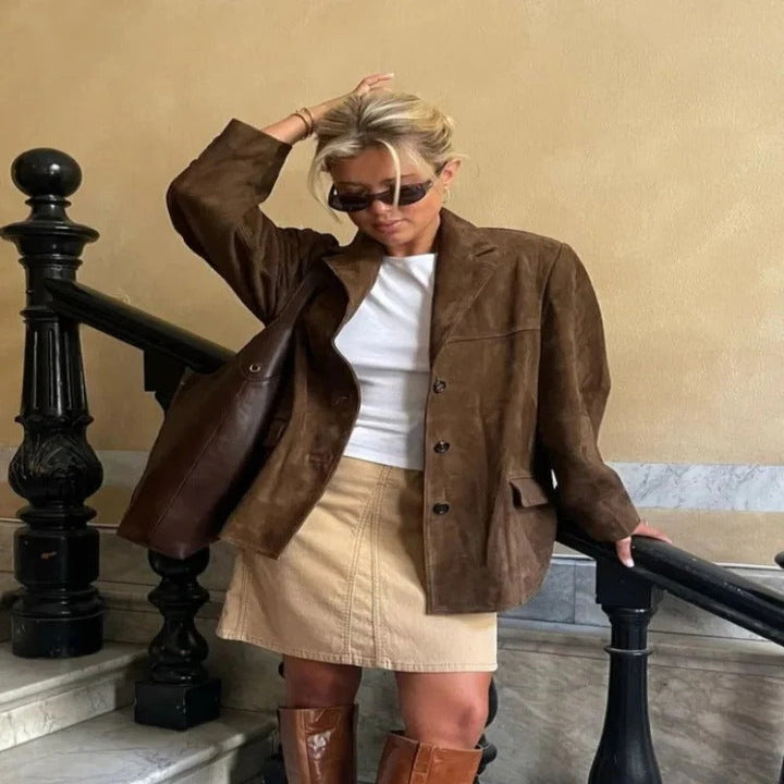Womens Brown Suede Jacket with Zipper and Pockets