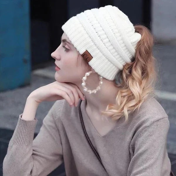 Ponytail Hat Cap Ribbed Knit Solid colour for Women