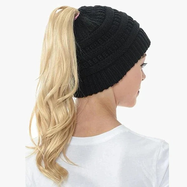 Ponytail Hat Cap Ribbed Knit Solid colour for Women