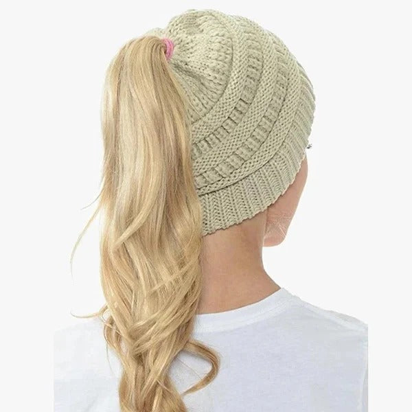 Ponytail Hat Cap Ribbed Knit Solid colour for Women